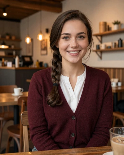 Maja, 27, Norwegian woman in burgundy cardigan in a cozy Trondheim coffee shop
