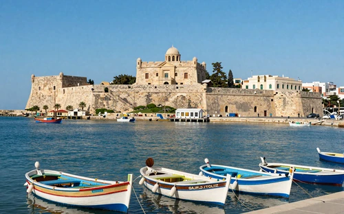 Heraklion harbor in Crete with Venetian fortress and colorful boats
