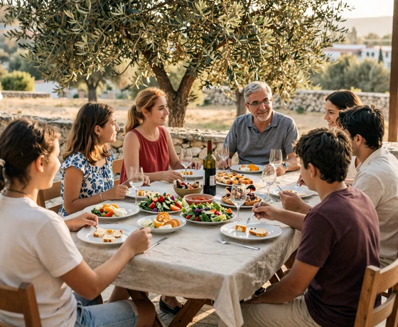 Traditional Cypriot family outdoor gathering with Mediterranean food and olive trees