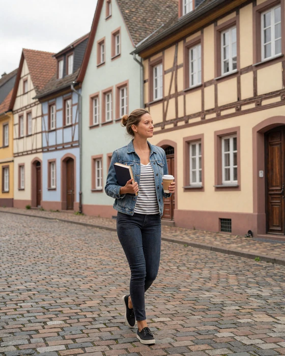 German woman walking through a charming Heidelberg street with colorful half-timbered houses