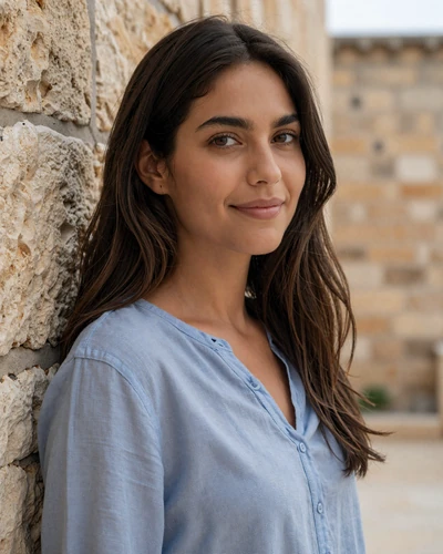 Daniela, 26, a Maltese woman from Valletta smiling near a Mediterranean stone wall