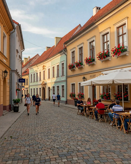 Charming cobblestone street in Vilnius Old Town with colorful buildings and outdoor cafes