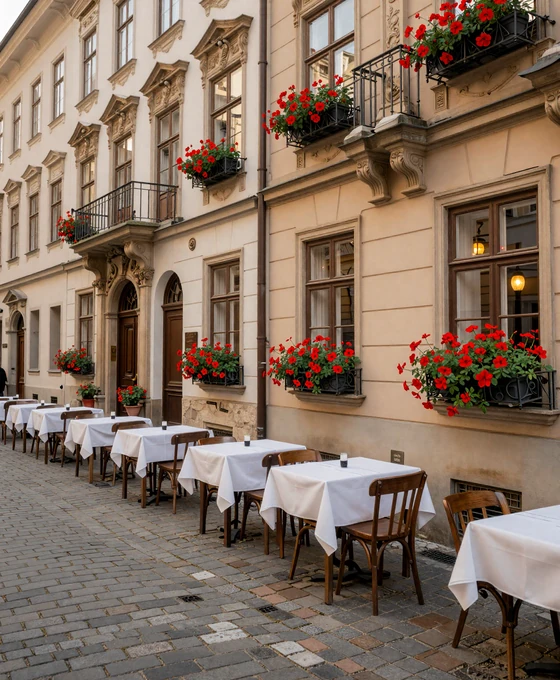 Charming Viennese street with outdoor cafes and baroque architecture perfect for romantic dates