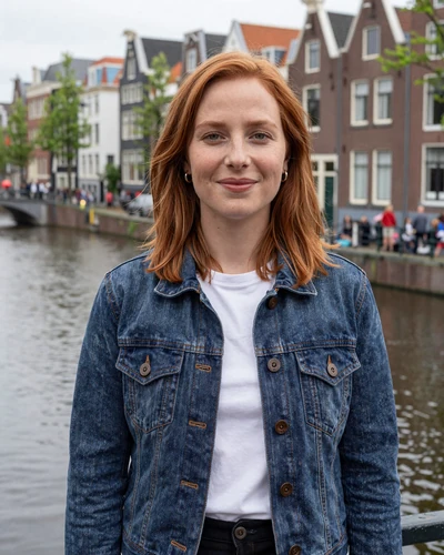 Marieke, a 27-year-old Dutch woman with auburn hair smiling by an Amsterdam canal
