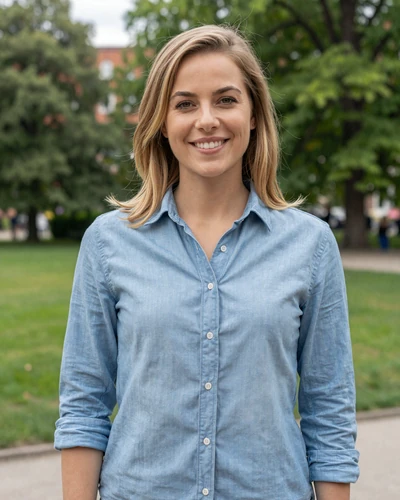 Maren, a 28-year-old German woman with honey blonde hair in Munich English Garden park
