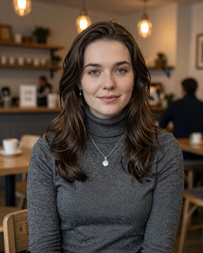 Helga, 27, Icelandic woman with dark hair in a cozy Reykjavik coffee shop