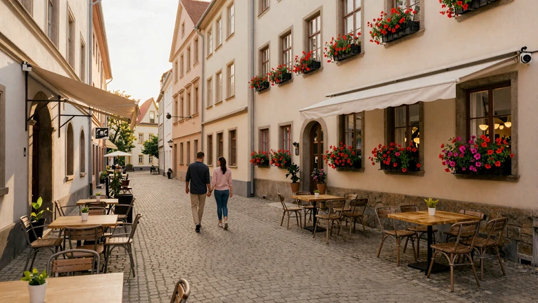 Charming European cobblestone street with outdoor cafés and warm golden hour light, perfect setting for cross-cultural romance