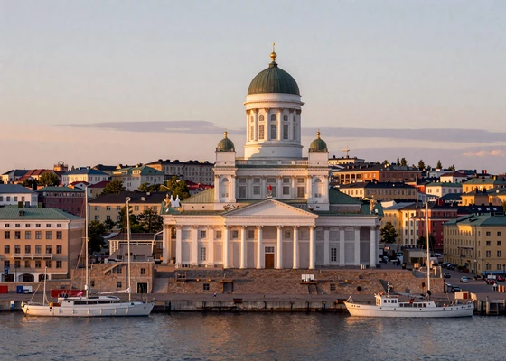 Helsinki Finland cityscape at sunset with iconic white cathedral dome and harbor boats in warm evening light