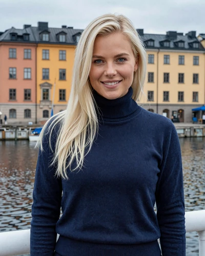 Katarina, a 26-year-old Swedish woman by the Stockholm waterfront in winter light