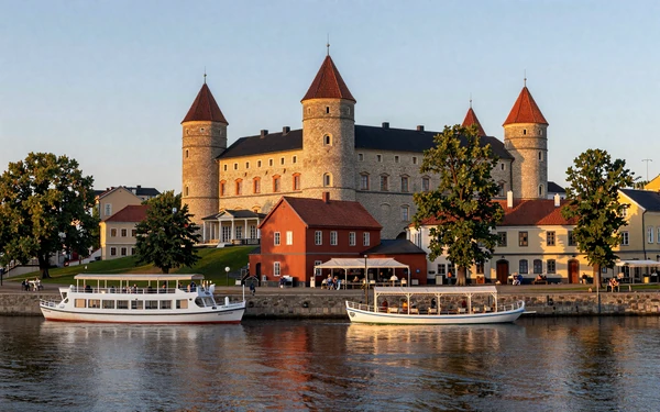 Turku Finland medieval castle near river with charming restaurant boats along the waterfront in warm summer light