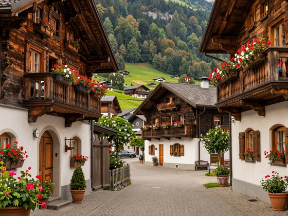 Charming Alpine village in Liechtenstein Rhine Valley with traditional chalets and mountain backdrop