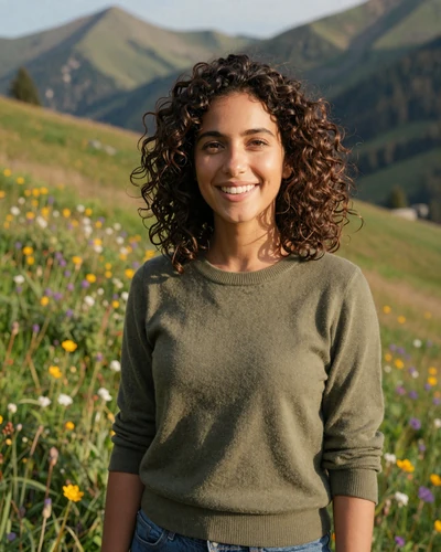 Aina, 27, from La Massana smiling in an alpine meadow with Andorran mountain ridges behind her