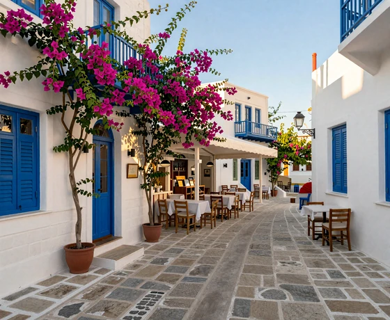 Traditional Cypriot village with white stone buildings and bougainvillea flowers