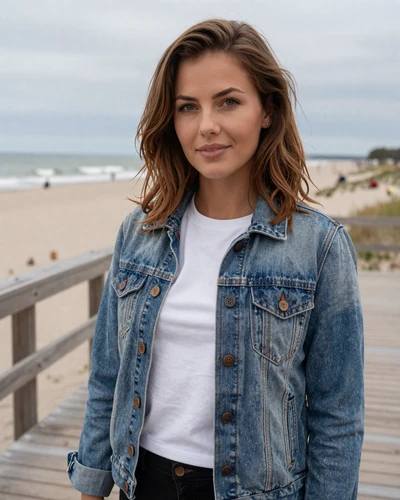 Dace, 26, a brunette Latvian woman from Jurmala on a Baltic Sea boardwalk wearing a denim jacket