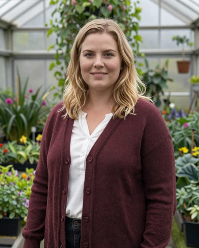 Birna, 34, Icelandic woman with honey blonde hair smiling in a greenhouse garden