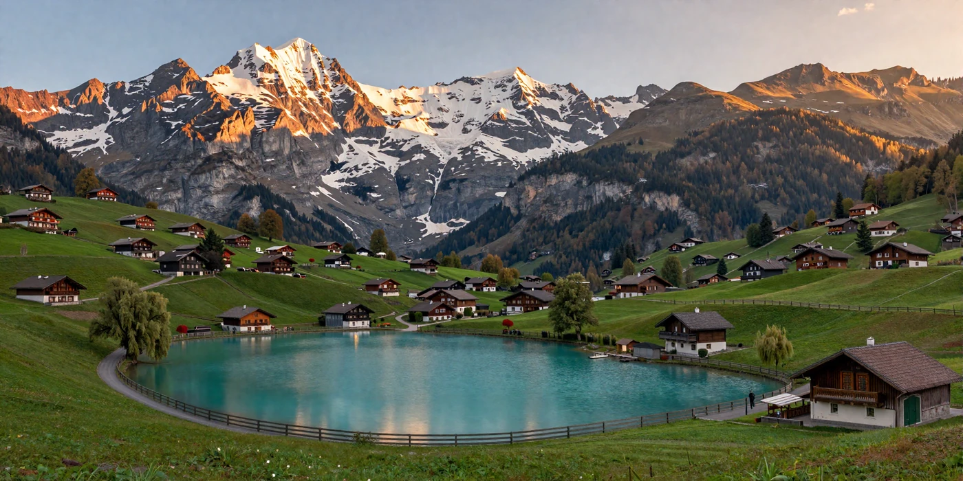 Swiss Alps panoramic landscape with turquoise lake and charming village for Swiss women dating