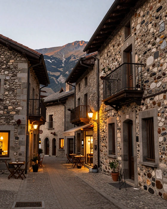 Charming stone street in Andorra la Vella with Pyrenees mountain peaks in the background