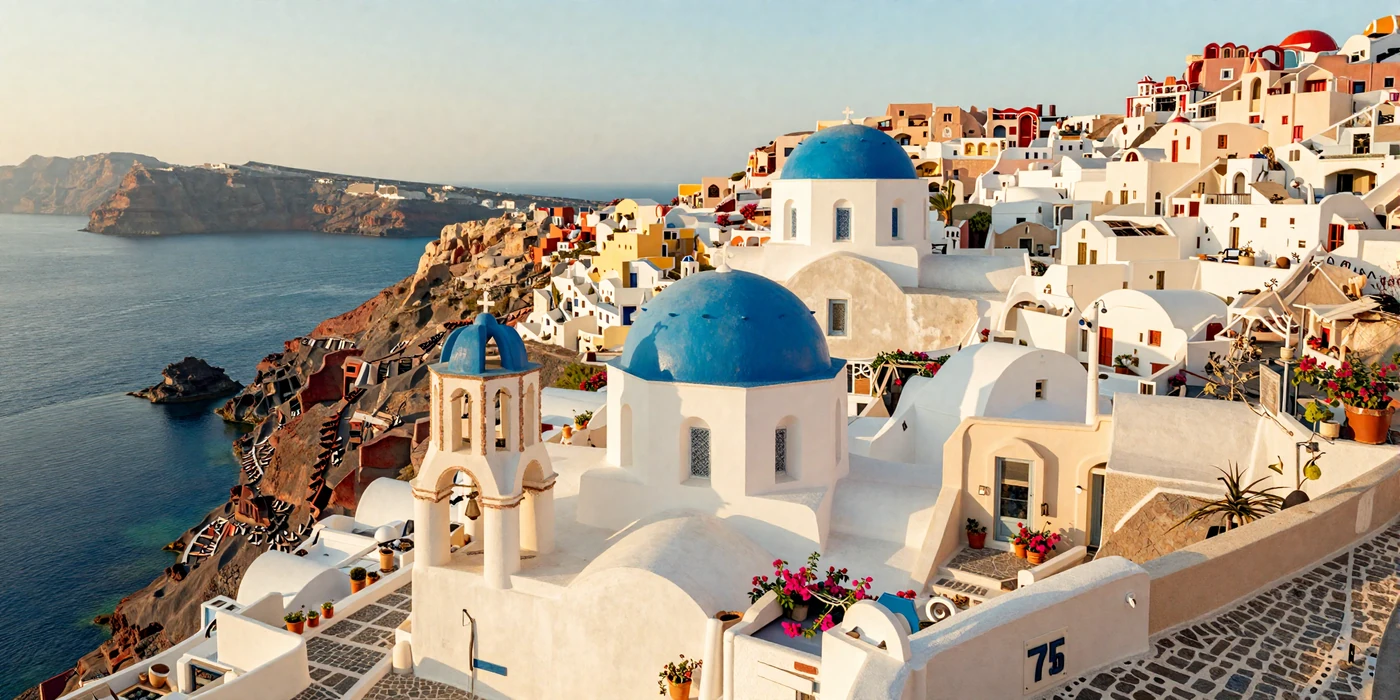Romantic Santorini sunset view with white buildings and blue domed churches overlooking the Aegean Sea