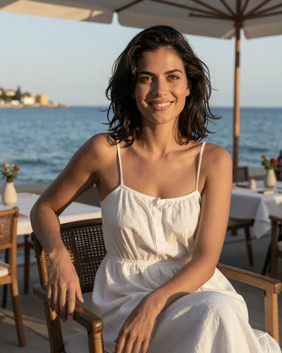 Maria, 30, a Maltese woman from Sliema at a seaside cafe with Mediterranean blue waters behind her