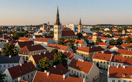 Aerial view of Vilnius with Baroque churches and Gediminas Tower at sunset
