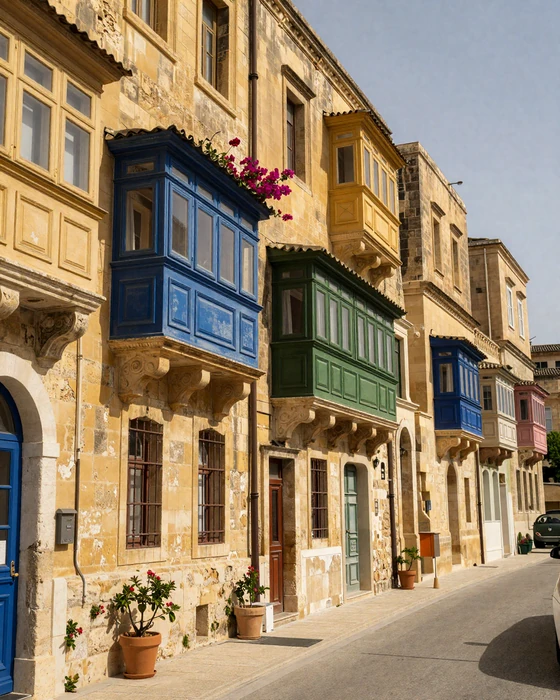 Traditional golden limestone street in Valletta Malta with colorful wooden balconies and Mediterranean flowers