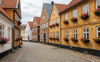 Odense Denmark charming old town with colorful half-timbered houses and cobblestone streets