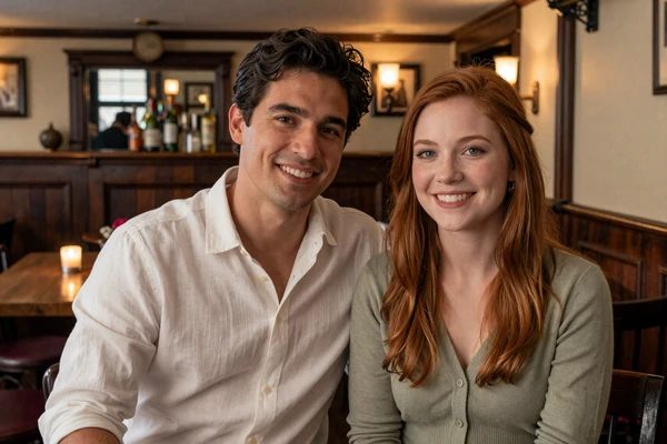 Chris from California and Aoife from Ireland sitting together in a cozy Irish pub after meeting through Healthcareplus Dating