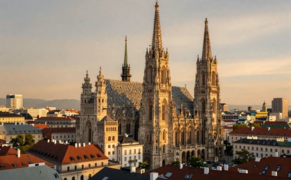 Vienna skyline at sunset with St Stephen Cathedral showcasing Austria capital city