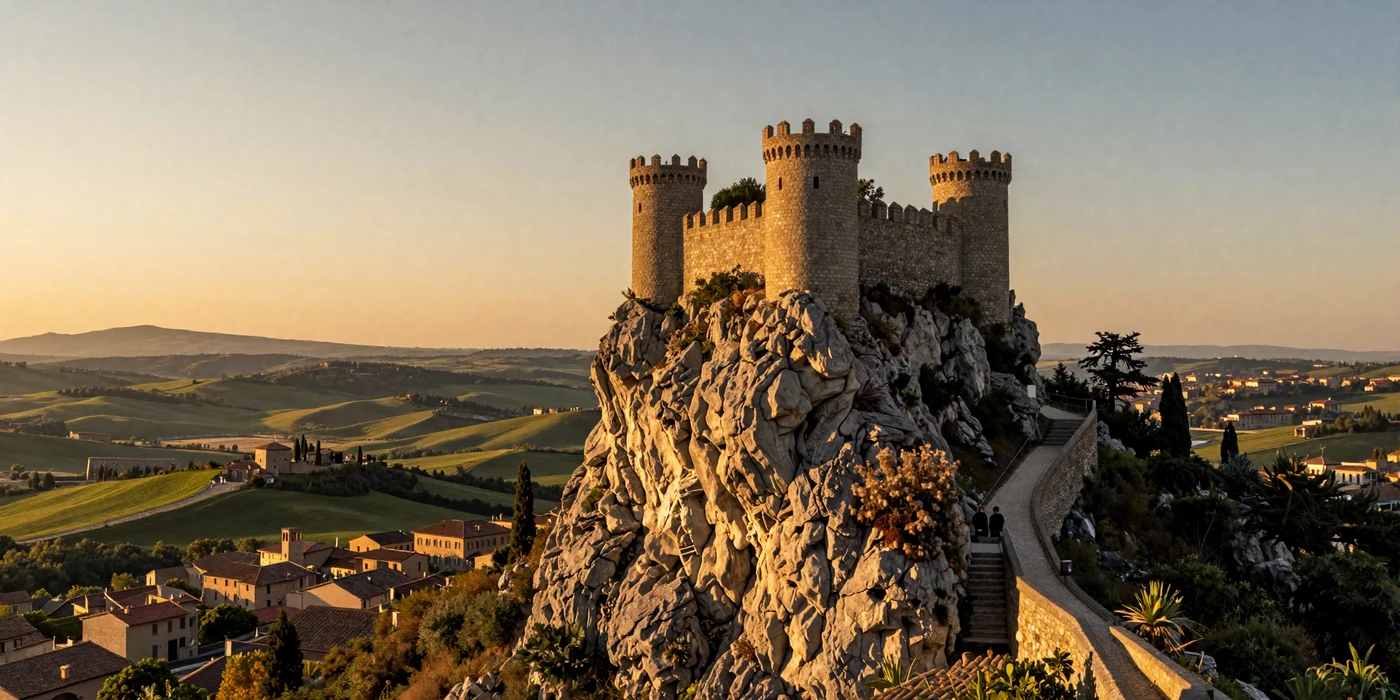 San Marino Three Towers on Mount Titano at golden hour with panoramic Italian countryside views