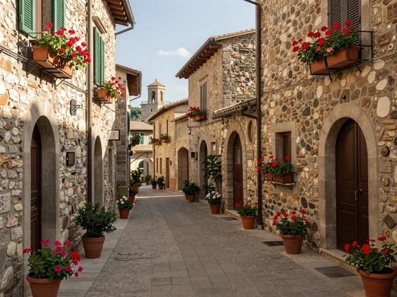 Charming cobblestone alley in a San Marino hilltop village with medieval stone architecture and flower boxes