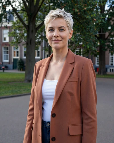 Danique, 30-year-old Dutch woman with platinum pixie cut in a park in The Hague