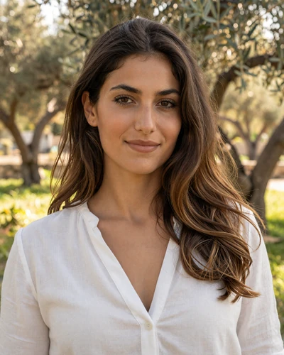 Eleni, 29, Cypriot woman from Nicosia smiling in Mediterranean garden