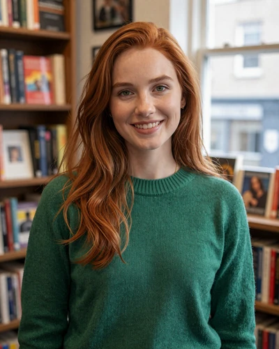 Sienna, a 29-year-old Irish woman with red hair and green eyes smiling in a Dublin bookshop