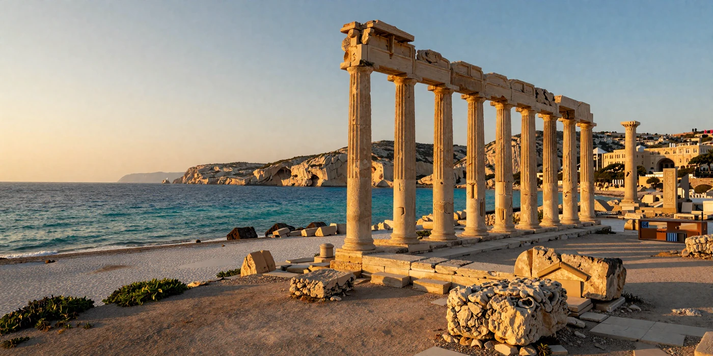 Cyprus Mediterranean coastline with ancient Paphos ruins at golden sunset