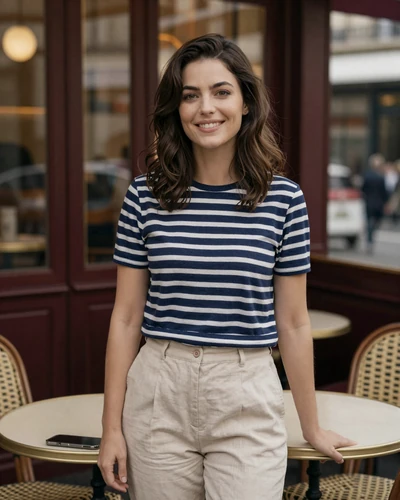 Camille, 29, French woman from Paris wearing a Breton top at a Parisian café seeking a serious relationship