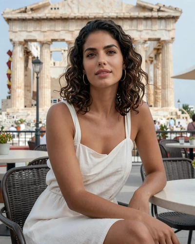Theodora, a 31-year-old verified Greek woman from Athens at an outdoor cafe