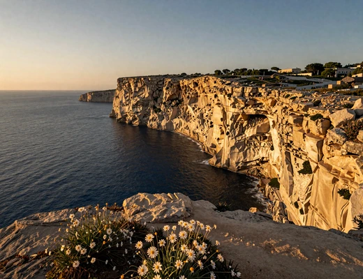 Dingli Cliffs in Malta at sunset with dramatic limestone cliffs overlooking the deep blue Mediterranean Sea