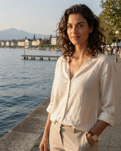 Camille, 31, Swiss-French woman from Geneva on lakeside promenade in elegant blouse