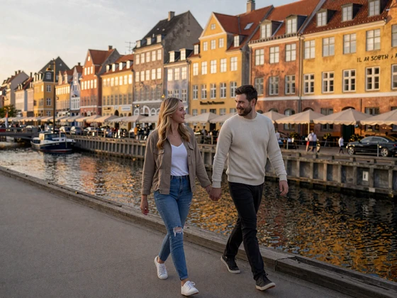 Couple walking hand in hand along a Copenhagen canal at sunset romantic evening atmosphere