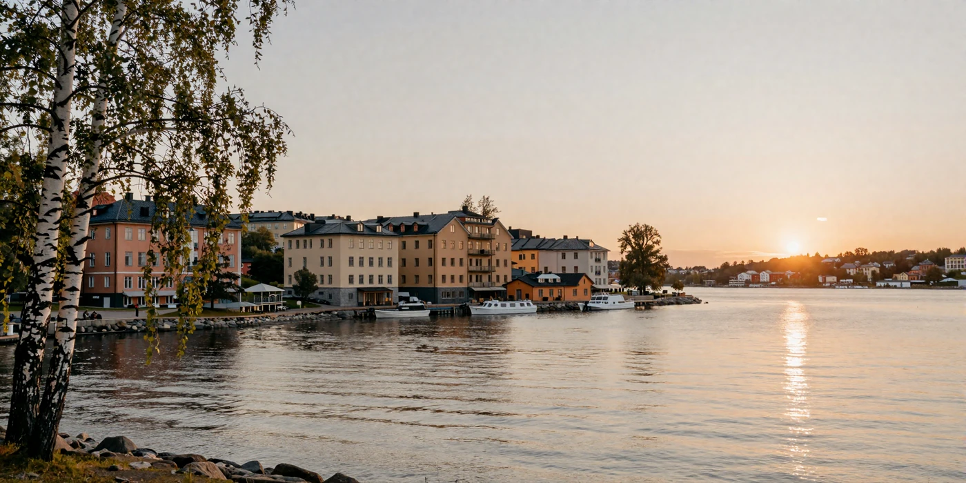 Stockholm waterfront at golden hour with colorful Nordic architecture and calm waters