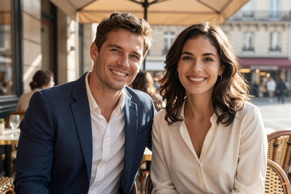 James from Texas and Sophie from France smiling together at a Parisian café after meeting on Healthcareplus Dating