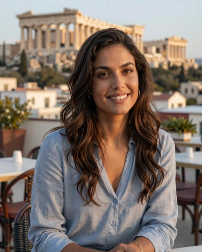 Eleni, 29, Greek woman from Athens enjoying coffee at an outdoor cafe near the Acropolis